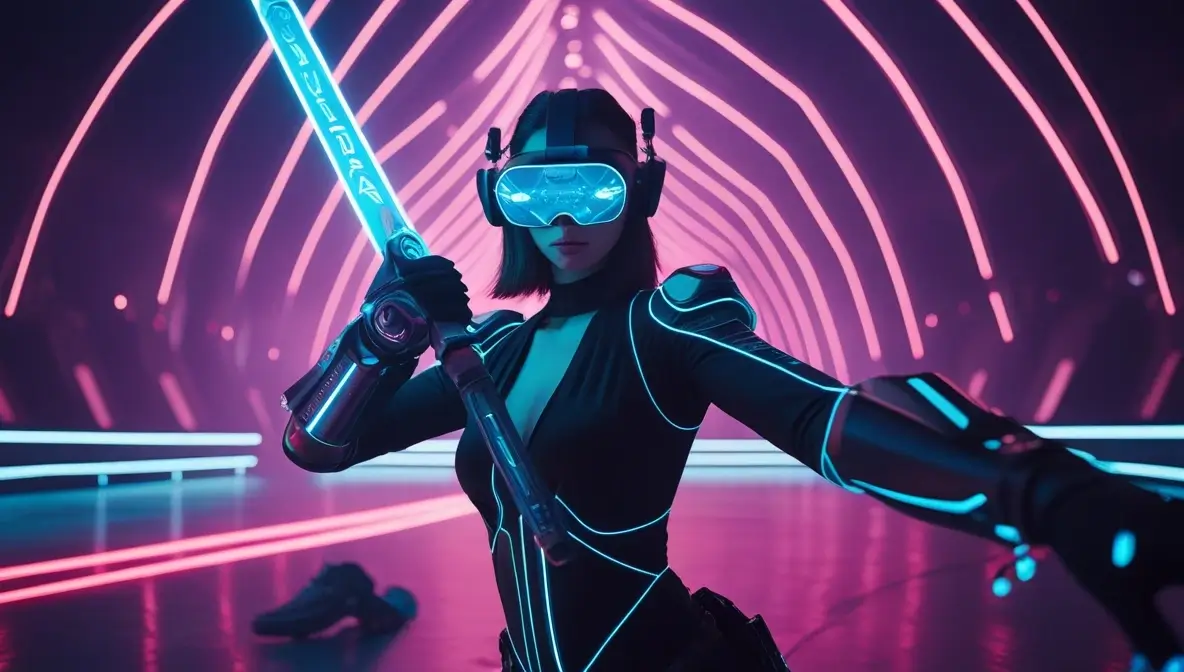 Siber şehirde ışık mızrağı taşıyan avatar